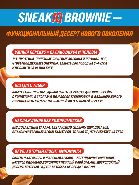 Протеиновый брауни SneakIQ солёная карамель и арахис без добавления сахара
