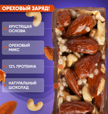 Ореховый батончик "NUT BAR" МЕД-МИНДАЛЬ-КЕШЬЮ с ирисо-сливочным вкусом с соленой карамелью 40г