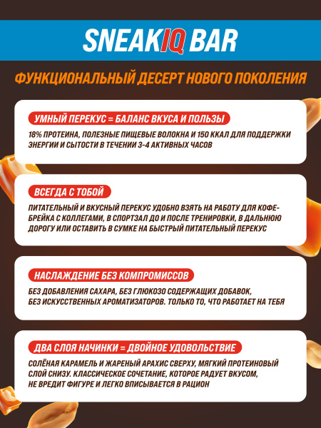 Протеиновый батончик SneakIQ солёная карамель и арахис без добавления сахара